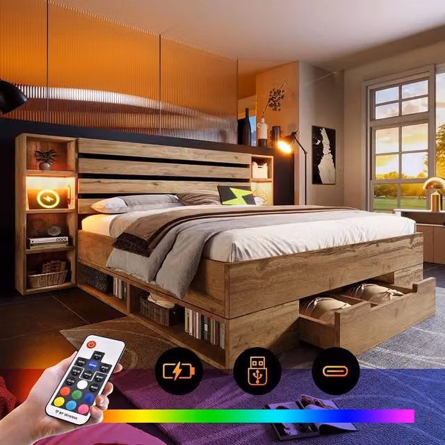 Letto matrimoniale 180x200 cm - Xylo - Illuminazione LED, USB-C, cassetti