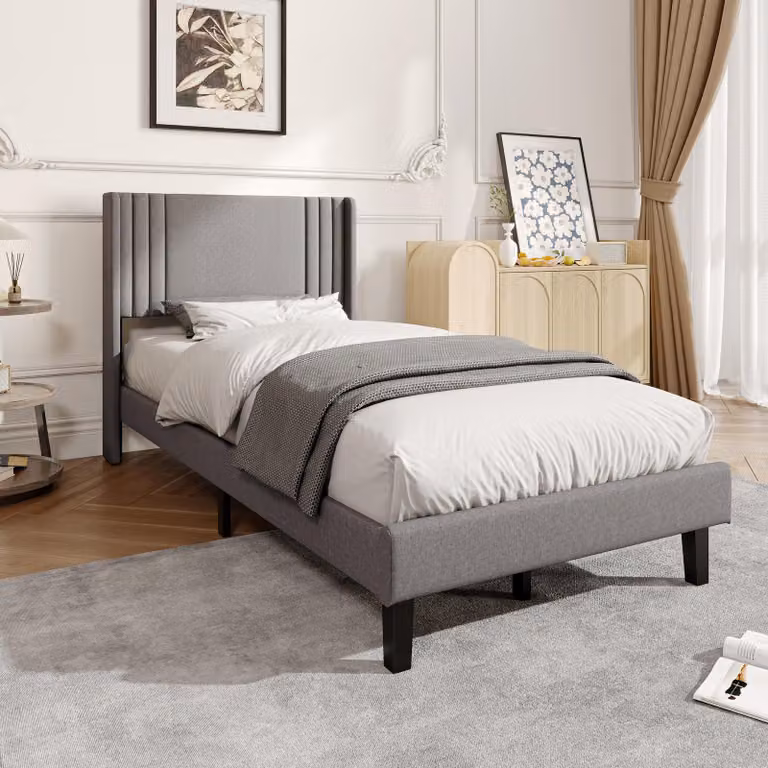 UnboxG Letto imbottito 90x200 cm Grigio in tessuto di lino, letto singolo con testiera imbottita, letto da camera moderno