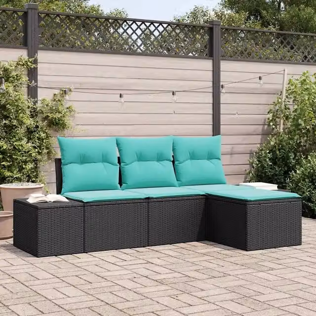 Set Divano da Giardino 4 pz Nero e Turchese polyrattan 3355685