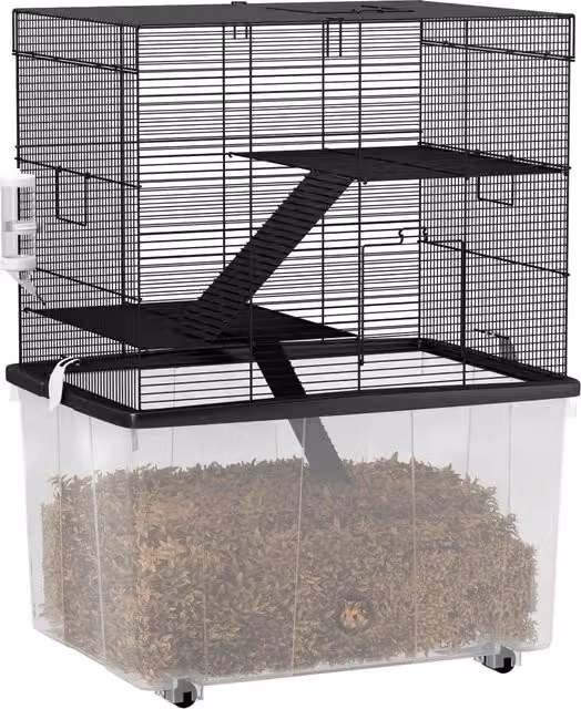 Gabbia per Criceti 3 Piani ¨C Xylo ¨C con Ruote, Piattaforme, Rampe, 58x43x74 cm, Nero