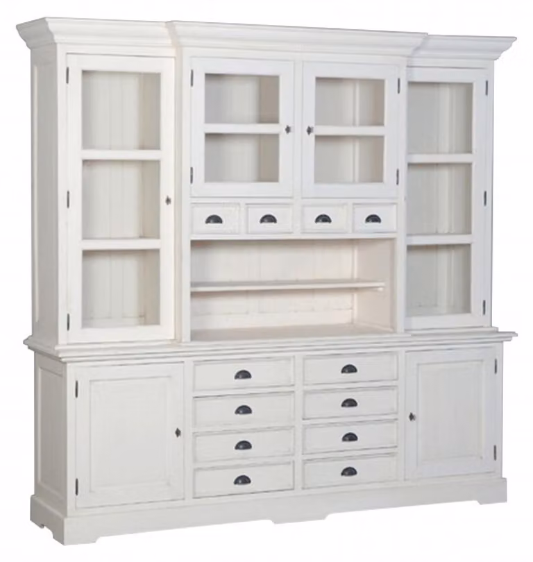 Mobiletto buffet shabby chic di Casa Padrino, in stile rustico, realizzato in pino e MDF, con 6 ante, 12 cassetti, dimensioni 235 x 225 x 55/45 cm