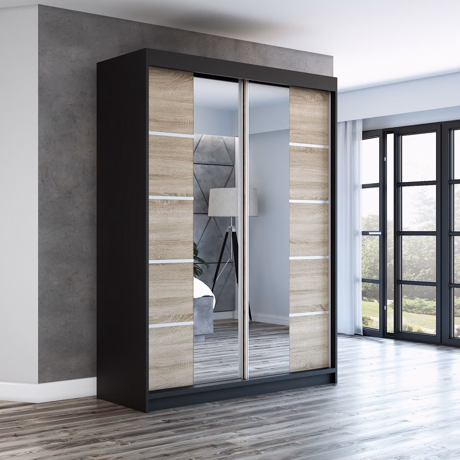 Armadio a porte scorrevoli, a 2 ante, modello ERA 160 cm (con specchio) (nero / sonoma / sonoma)