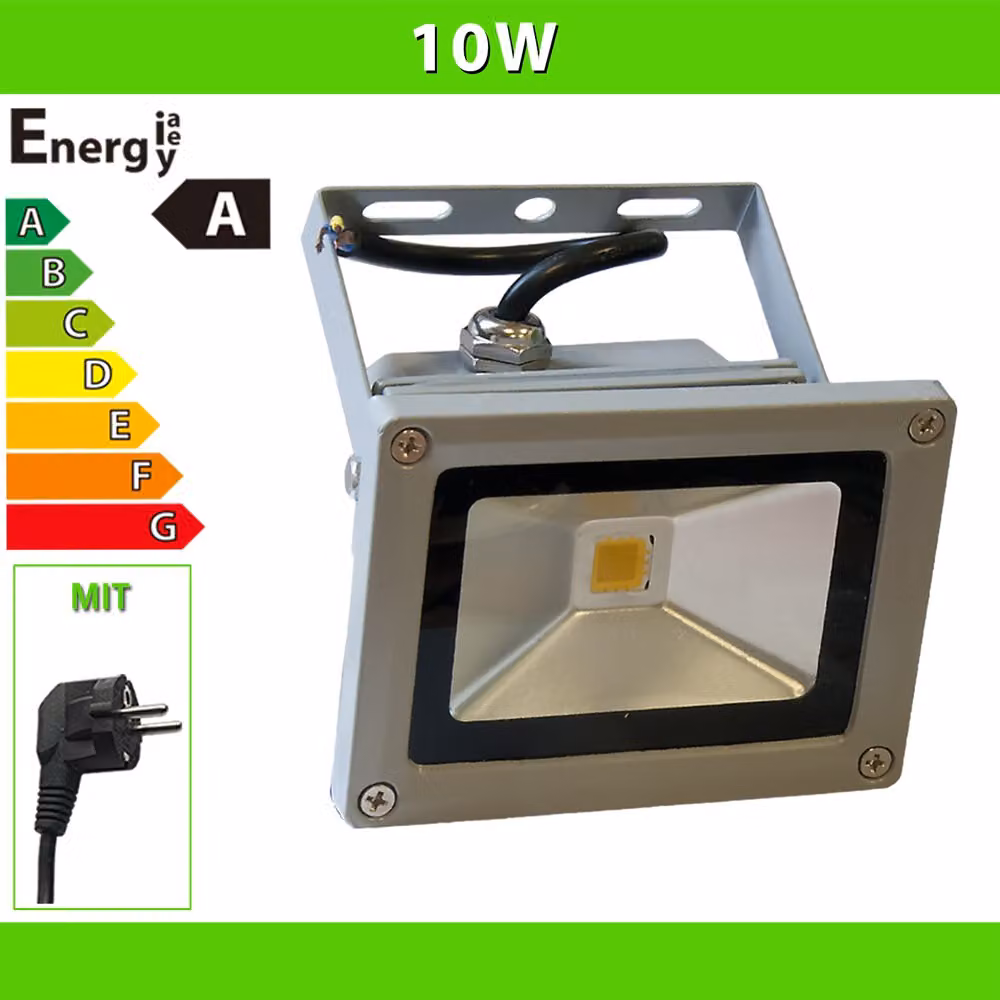 LEDVero® Lampada da esterno a LED, 10 Watt, faretto, proiettore, ideale per cantieri - con spina - argento - luce calda