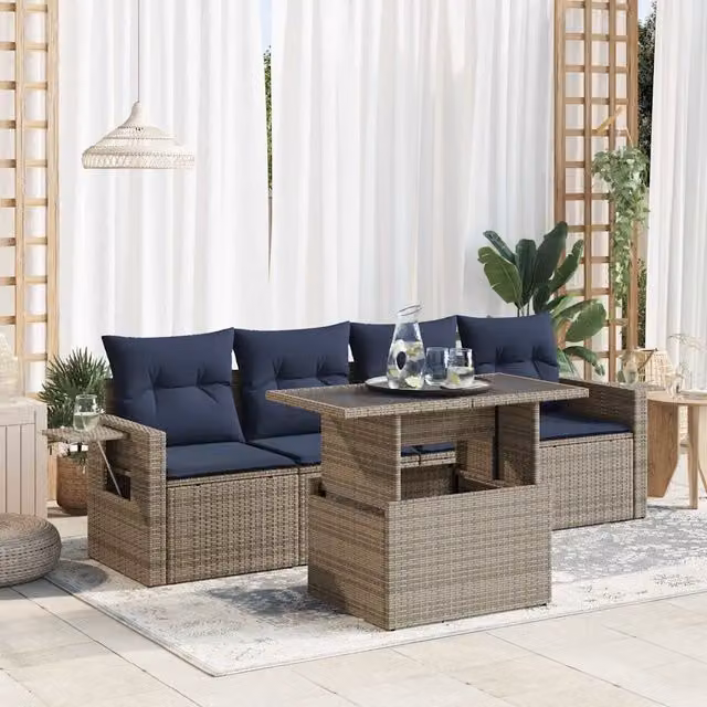 Set da giardino vidaXL in polyrattan composto da 5 pezzi con divano a 3 posti, elementi angolari, tavolino da caffè e cuscini in tessuto blu e grigio