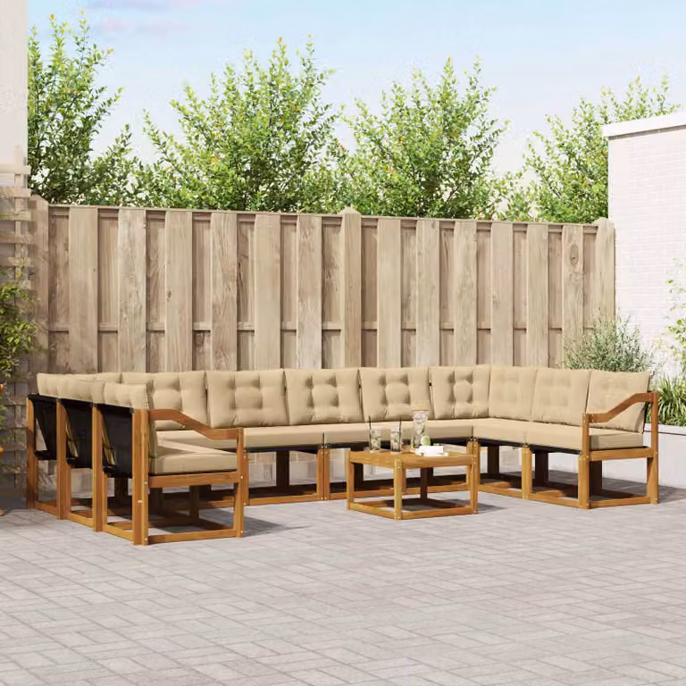 Set di divani da esterno vidaXL 11 pezzi in legno di acacia e textilene, colore beige e naturale, con forma a L, divano a 3 posti, elementi angolari, tavolino da caffè e cuscini inclusi