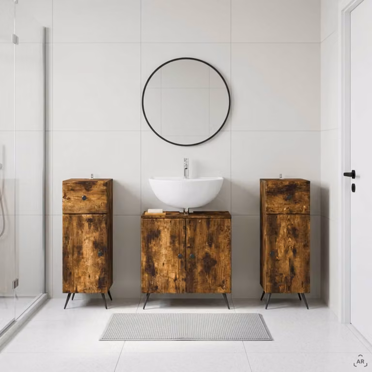 Set di mobili da bagno 3 pezzi vidaXL BREDA in rovere fumo marrone con base lavabo e armadietti laterali