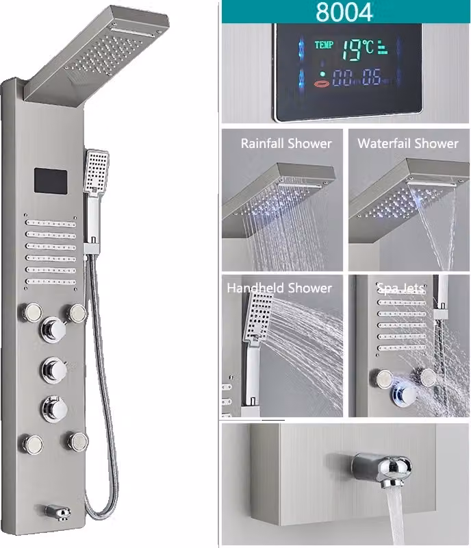 Miscelatore vasca-doccia a LED, display digitale della temperatura, opzioni doccia multifunzione, spazzolato 8004