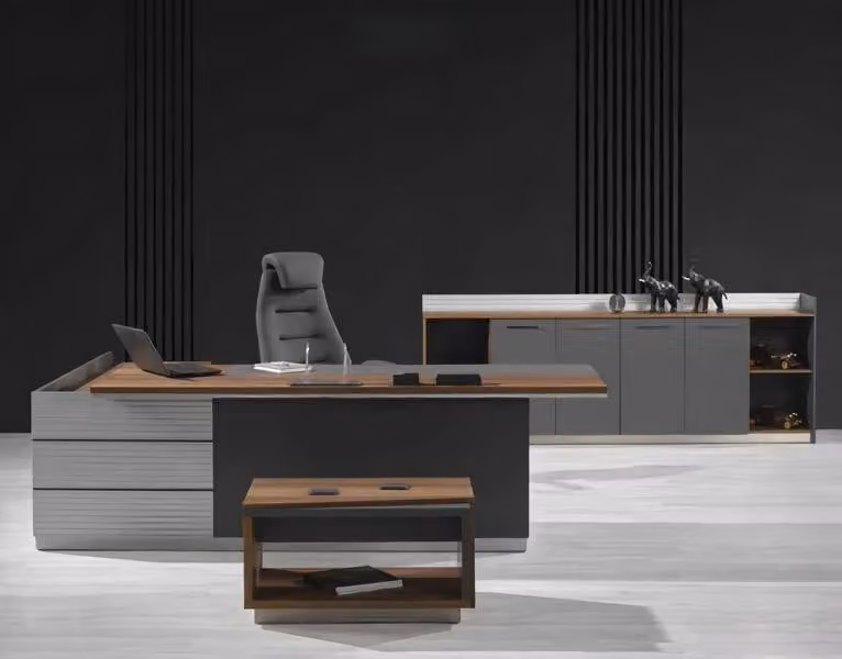 Arbeitszimmer Set Couchtisch Schreibtisch Sideboard Grau Büro Holzmöbel