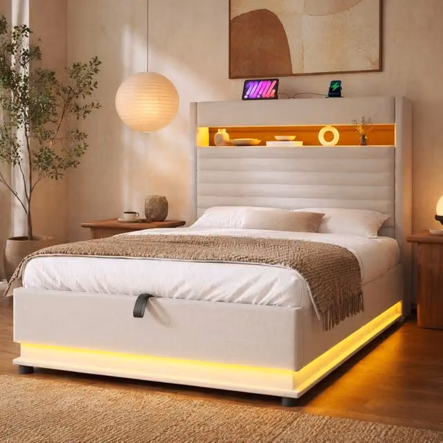 Letto singolo con contenitore Mivray in lino beige con testiera imbottita, illuminazione LED sottostante, porte di ricarica USB e Type-C, L/P/H: 90 x 200 x 113 cm