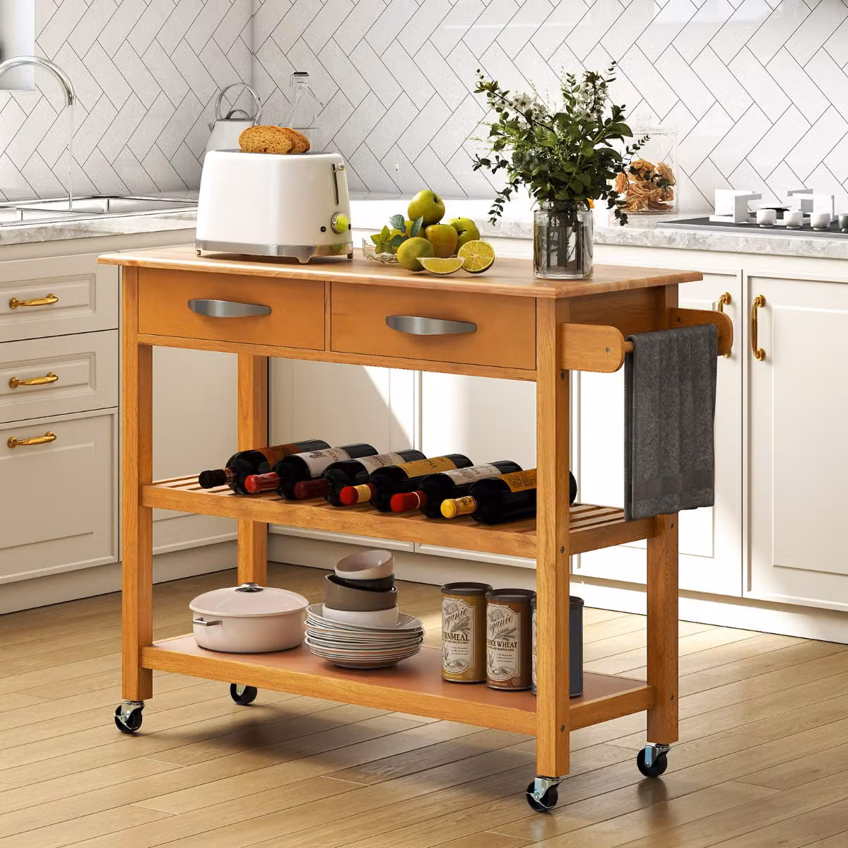 Carrello portautensili Costway con piano in legno e 2 ripiani aperti, Isola da cucina moderna marrone con ruote