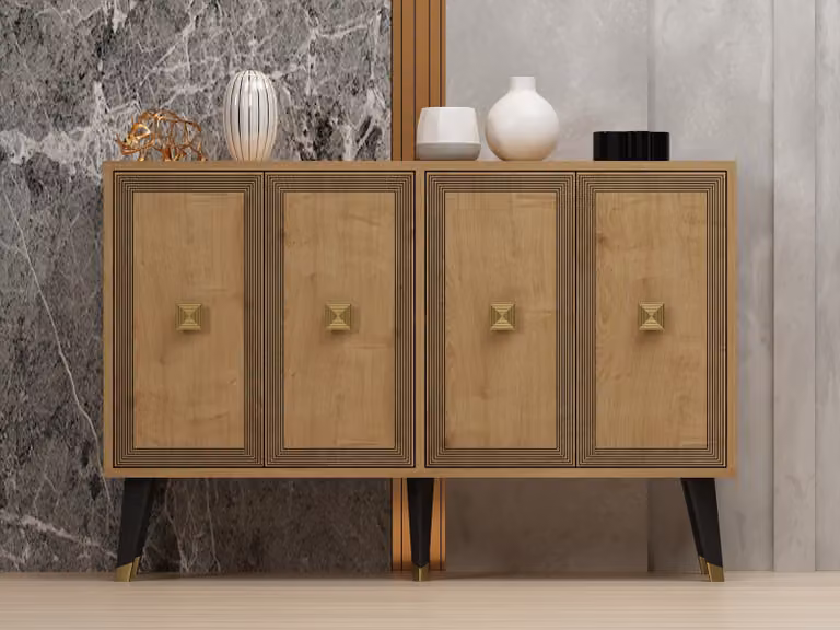 Skye Decor, Ansel - Sapphire Oak, oro, consolle, rovere zaffiro, pannelli truciolari rivestiti al 100% in melamina, 120 x 30 x 80 cm