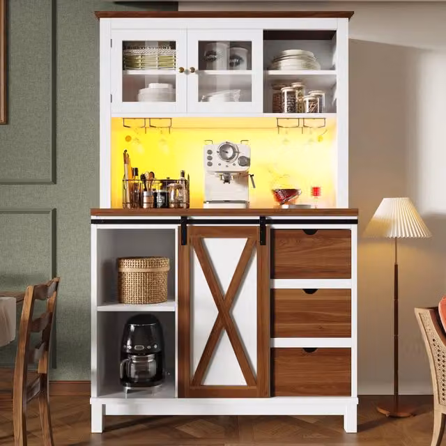 Mobile da cucina MIVRAY bianco con ante scorrevoli in vetro, ripiani regolabili e illuminazione LED controllabile via app, L: 104 cm, P: 40 cm, H: 180 cm – 1