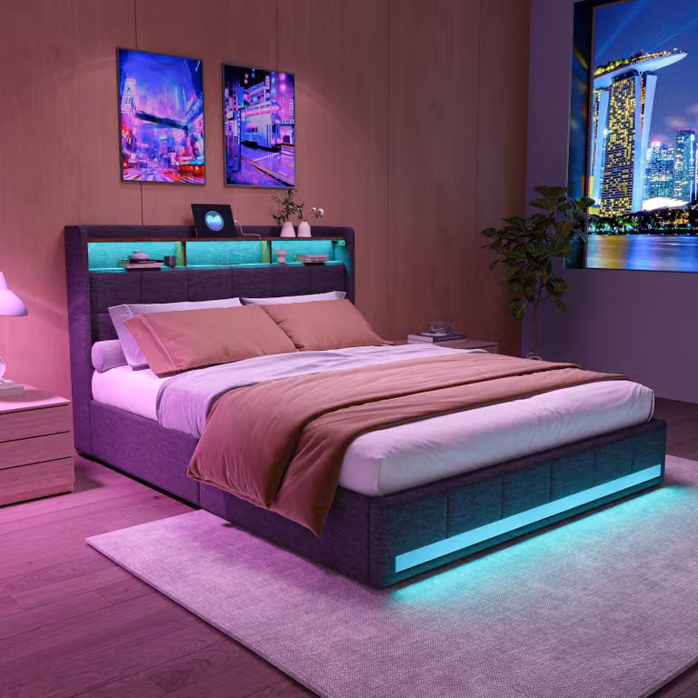 Letto imbottito Fortuna Lai 160x200cm testata letto matrimoniale con 3 scomparti e illuminazione LED, con 2 porte USB e Type-C, 4 cassetti, grigio