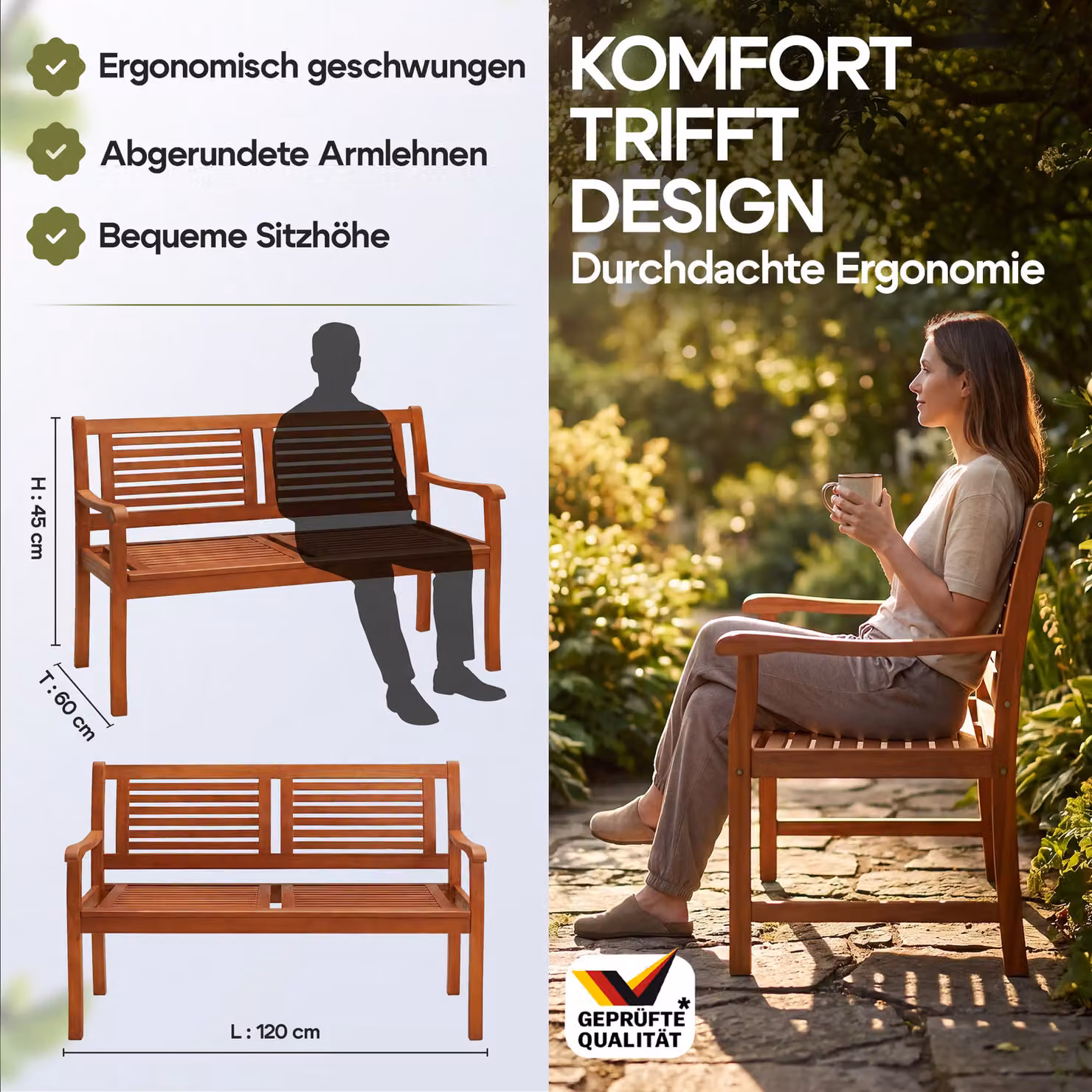 Panca da giardino Casaria in legno di eucalipto marrone con braccioli L/P/H: 120 x 56 x 88 cm – 3