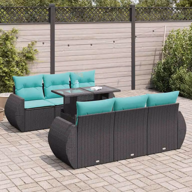 Set Divano da Giardino a L con Tavolino vidaXL, 7 Pezzi in Polyrattan e Legno di Acacia, Colore Nero con Cuscini Blu e Turchese