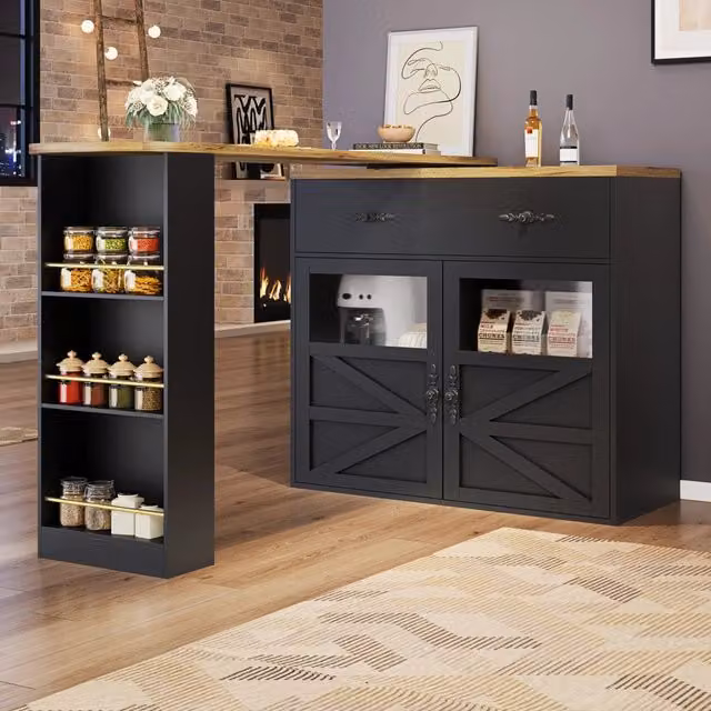 Tavolo Bar Estendibile con Ruota 360°, MDF Nero 138-204×39×104 cm con Ripiani e Cassetto