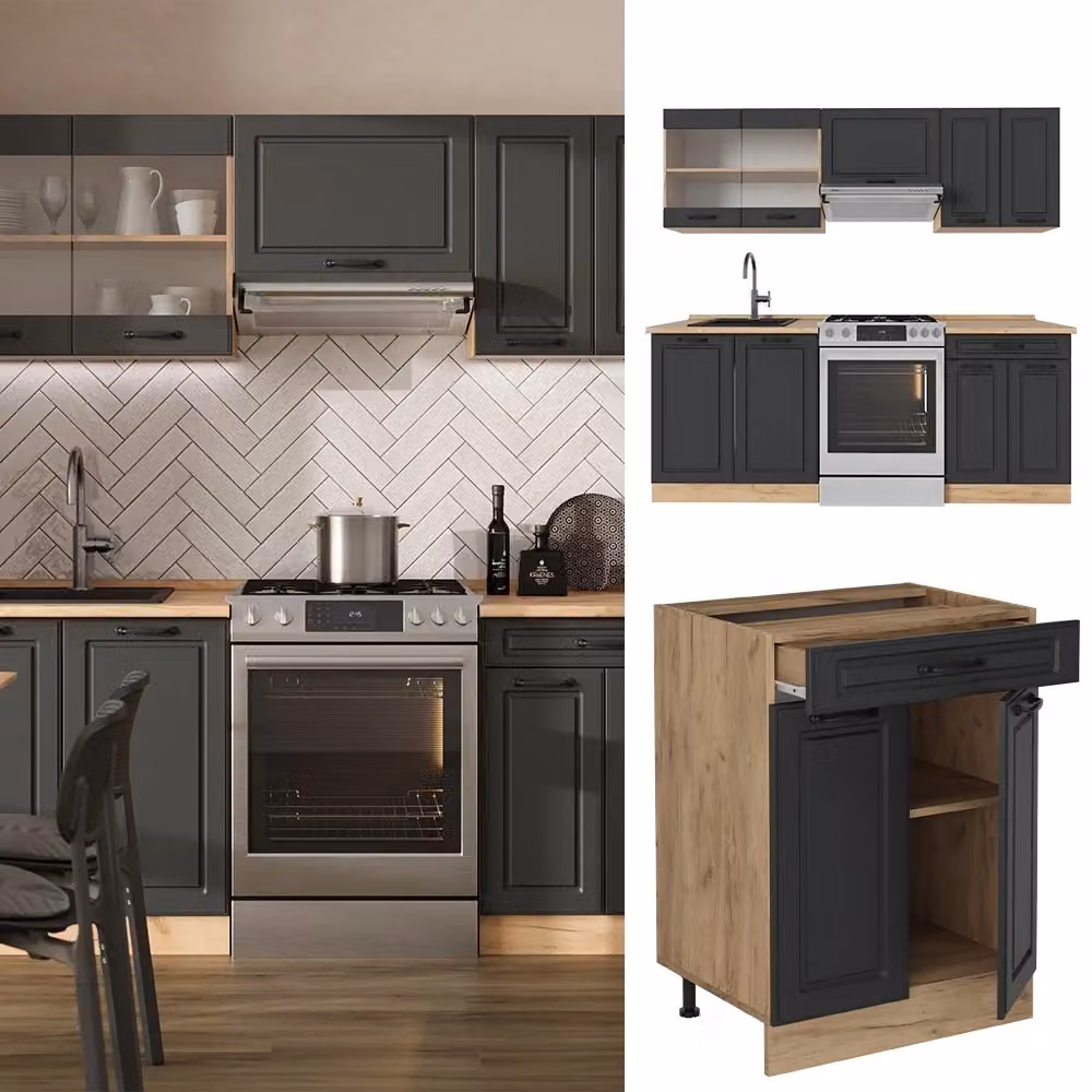 Cucina componibile Vicco R-Line in stile rustico, colore Antracite e Rovere, L: 200 cm – 2