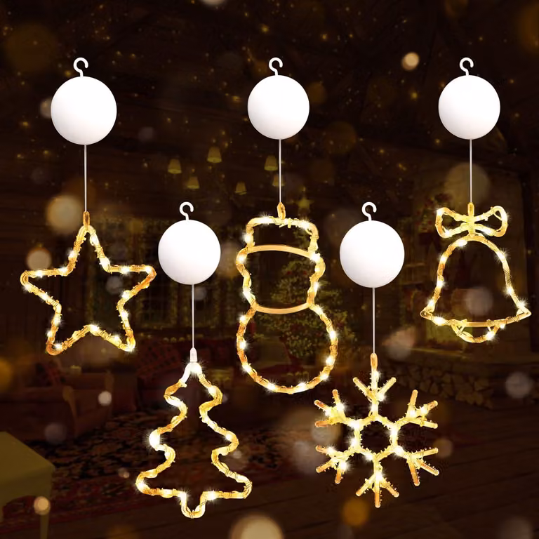 Tenda luminosa a LED, confezione da 5 pezzi, luce bianco caldo, alimentazione a batteria, con ventose