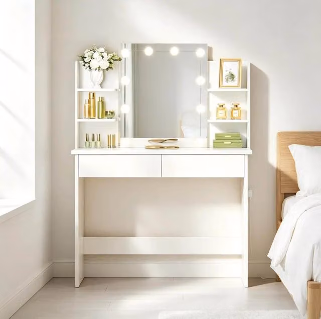 Toeletta 90x40 cm bianca in legno e plastica, specchio LED e 2 cassetti