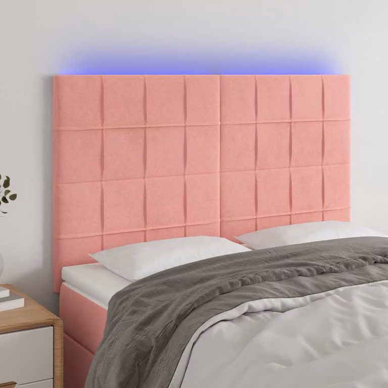 Testiera per letto vidaXL in velluto rosa con illuminazione LED e porta di ricarica USB, L: 144 cm, P: 5 cm, H: 118-128 cm