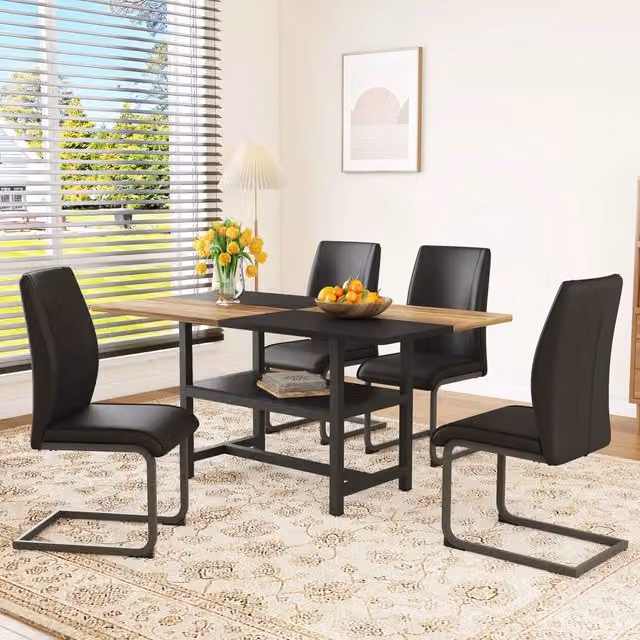 Tavolo da pranzo rettangolare con 4 sedie in pu e ripiano portaoggetti, struttura in metallo nero 160 × 90 × 76 cm