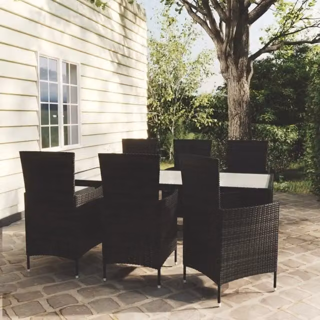 Set da pranzo da giardino vidaXL in polyrattan nero con tavolo in vetro e 7 pezzi