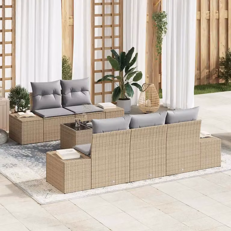Set Divano da Giardino vidaXL in Polyrattan 6 Pezzi Beige e Grigio con Cuscini e Tavolino