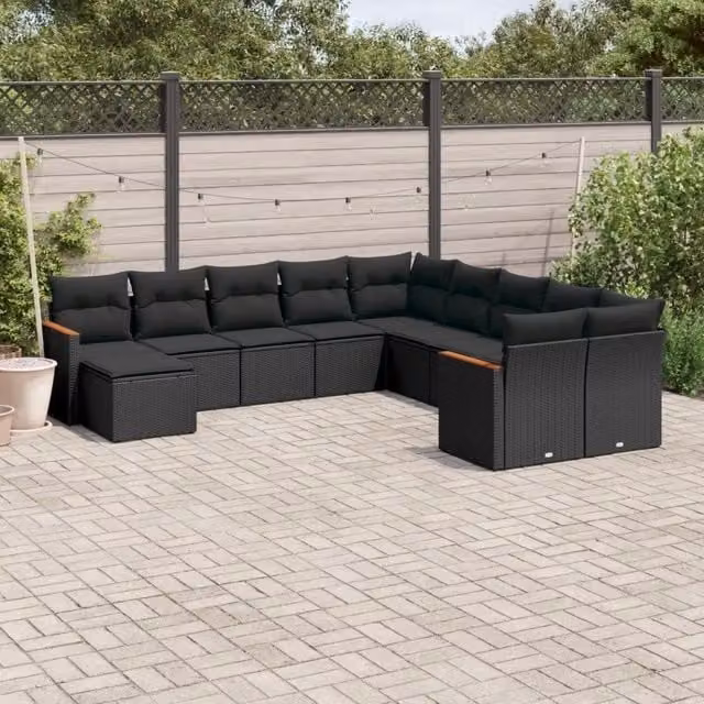 Set di Divani da Giardino vidaXL 11 Pezzi in Polyrattan Nero con Cuscini e Ottoman