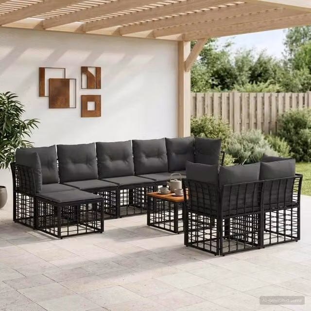 Set di divani da esterno 10 pz Nero e Grigio scuro Poliestere 3437567