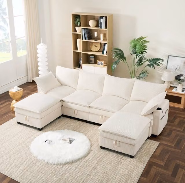 Divano modulare ULEVR beige in velluto a coste, 5-6 posti, configurazione L o U, 2 pouf, USB e contenitori