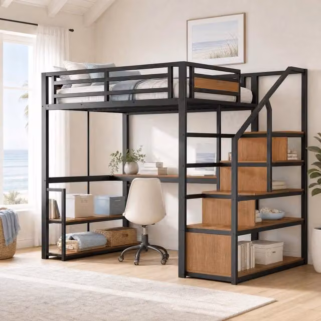 Letto a soppalco MIVRAY in metallo e MDF nero con scala contenitore, scrivania e ripiani laterali, dimensioni 140 x 200 cm