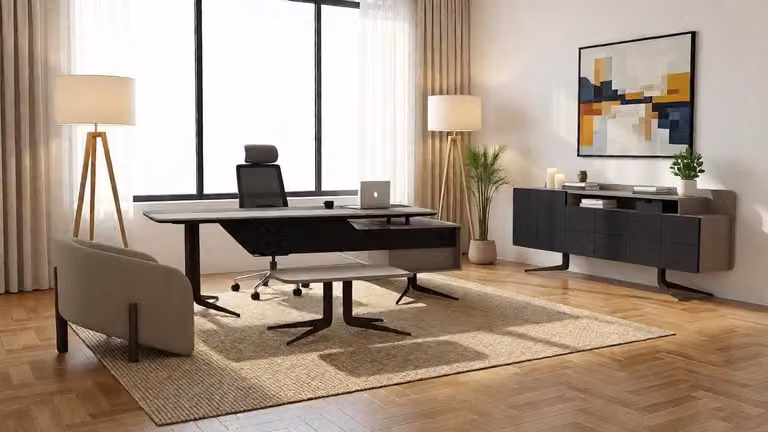 Set elegante per ufficio: scrivania, mobiletto, tavolino da caffè