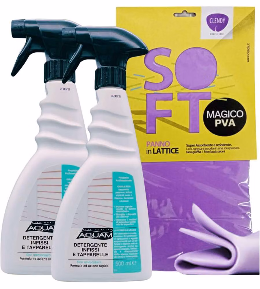 AQUAM Kit detergente spray infissi e tapparelle 1000 ml con panno SOFT