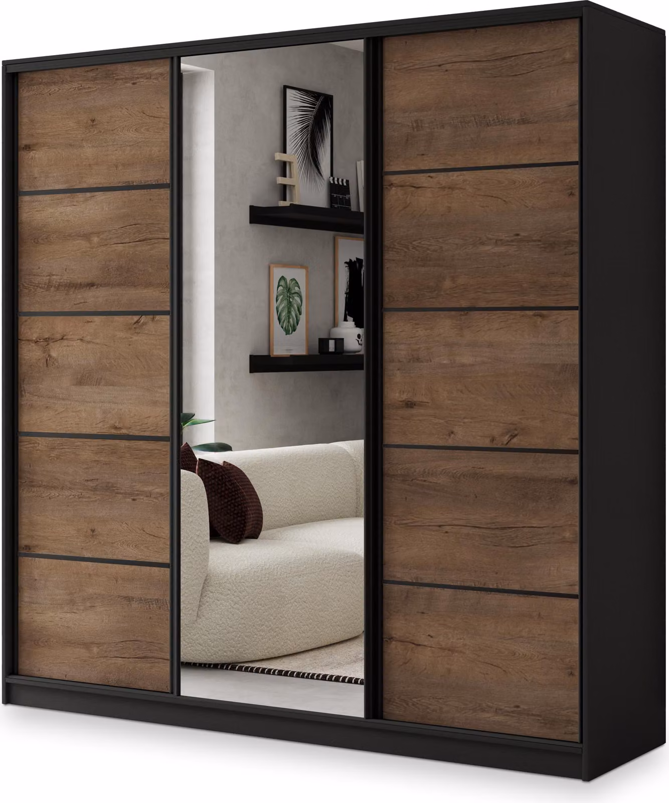 Armadio scorrevole Masseno NATA 180/205/58 cm Armadio con 4 cassetti Armadio per camera da letto a 3 ante con specchio Nero / Rovere Lefkas