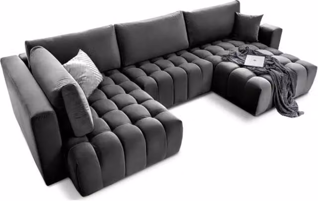 Divano ad angolo convertibile BONITA MEUBLORAMA grigio scuro in tessuto con funzione letto, 6 posti, lato destro, L 350 cm x P 175 cm – 1