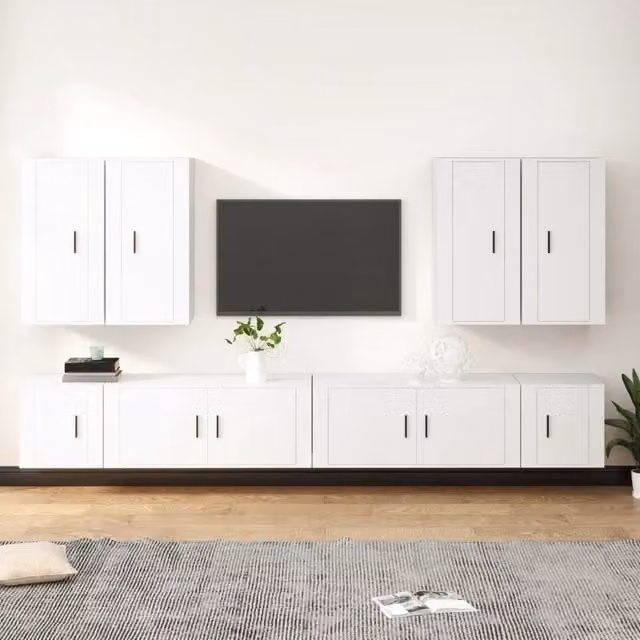 Set di mobili porta TV moderno vidaXL in legno multistrato bianco con 8 pezzi e scomparti multimediali da appendere alla parete – 1