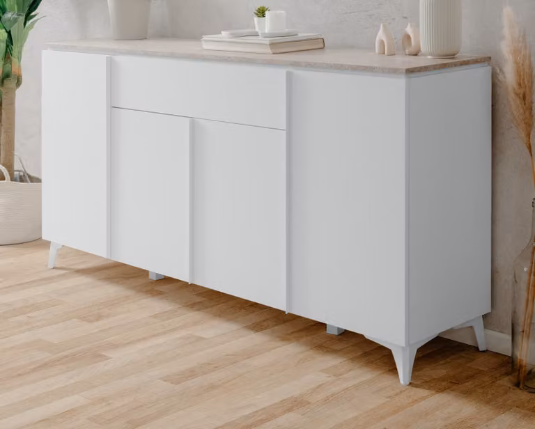 Credenza "Visby" in bianco e pietra arenaria, cassettiera 177 x 92 cm con aspetto pietra