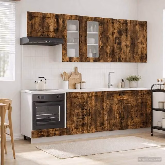 Unità Cucina Moderna KALMAR vidaXL in Rovere Fumo, 8 Pezzi con Ante in Vetro e Ripiani Aperti, Marrone – 1