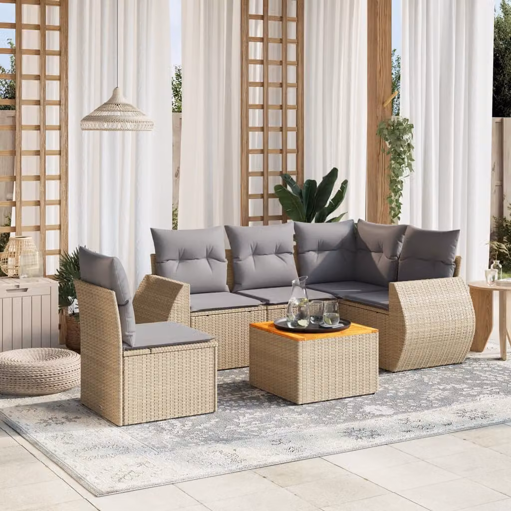 Set Divano da Giardino vidaXL 6 pz a Forma a L in Polyrattan con Cuscini Beige e Tavolino da Esterno – 1