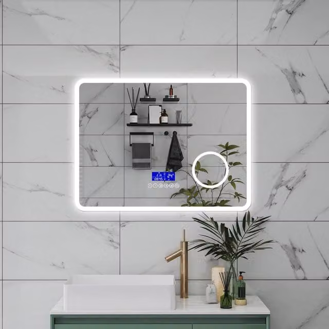 AICA Specchio da bagno 80 x 60 cm, dimmerabile, Blue tooth, Funzione Memoria, antiappannamento, 3 colori, Magnificatore, orologio