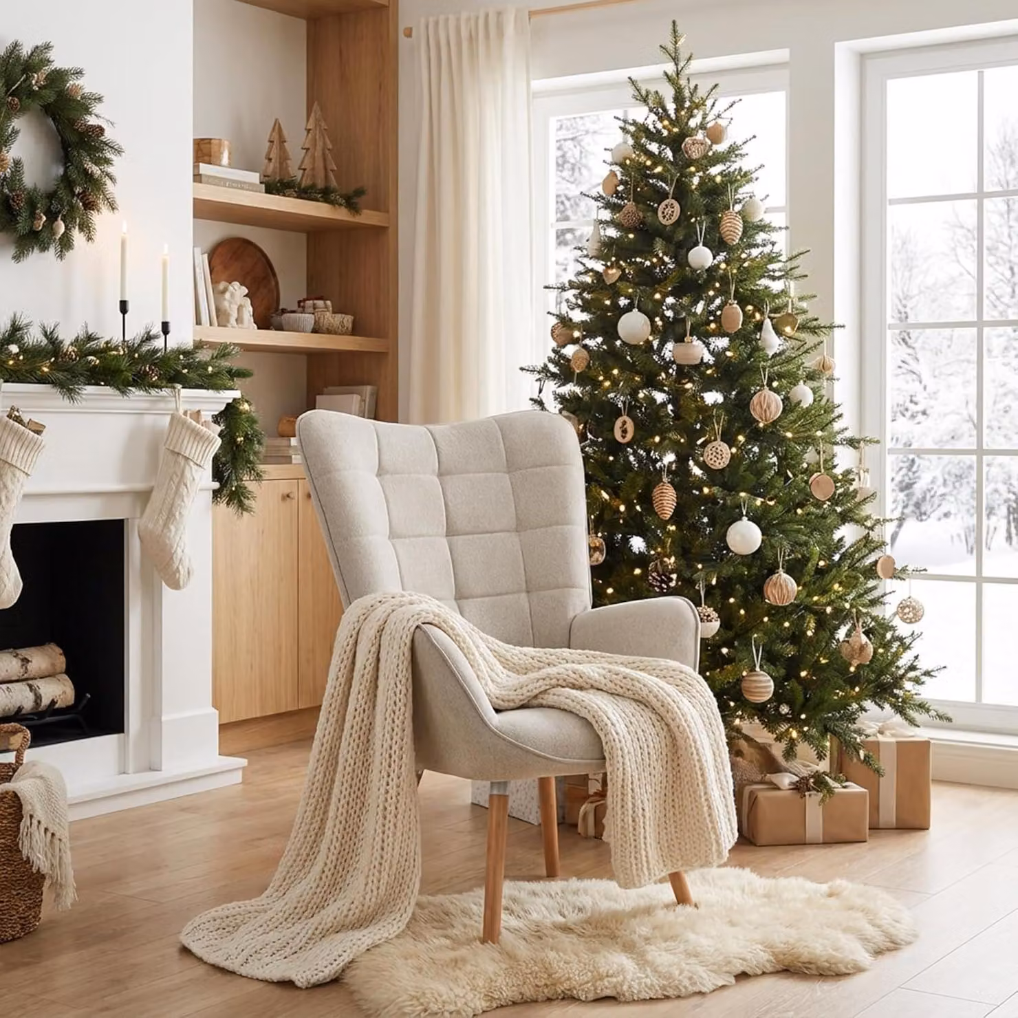 Poltrone confortevoli in stile scandinavo, ideali per il soggiorno o la camera da letto, con rivestimento in tessuto, braccioli imbottiti e gambe in legno massello