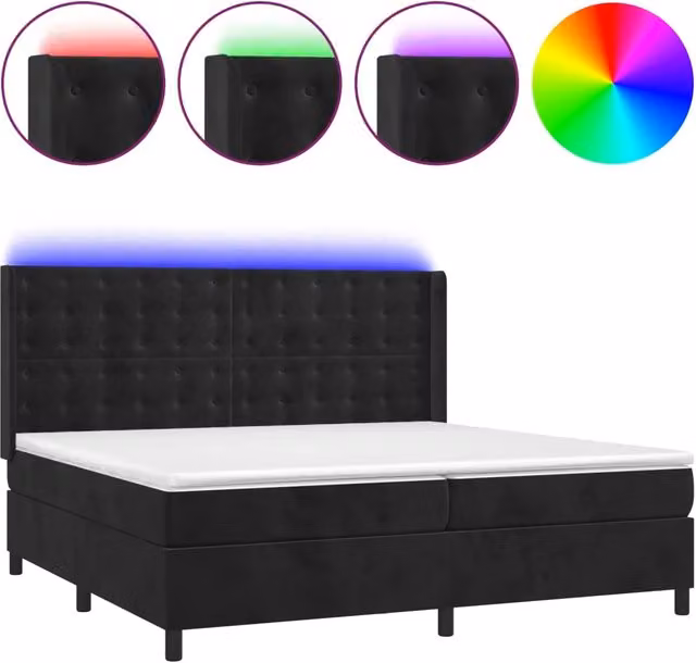 Letto Ibrido vidaXL con Materasso a Molle Individuali e Illuminazione LED, Rivestimento in Velluto Nero, L/P: 200 x 200 cm – 2