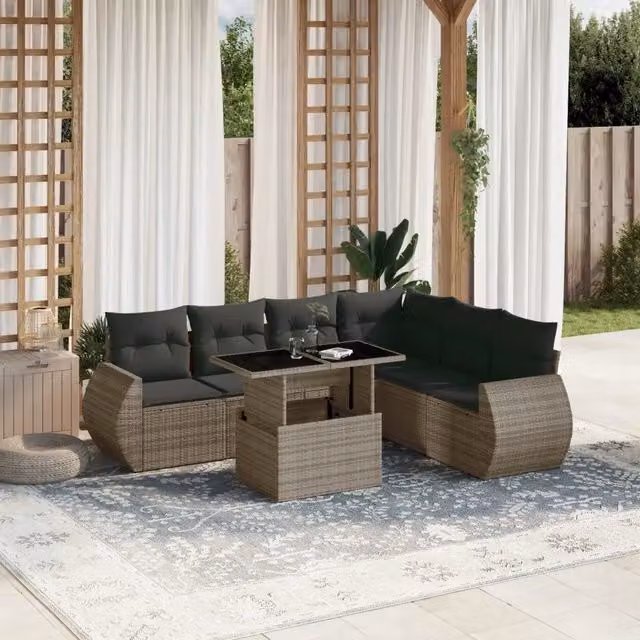 Set Divani da Giardino 7 pz con Cuscini Grigio in Polyrattan 3268560