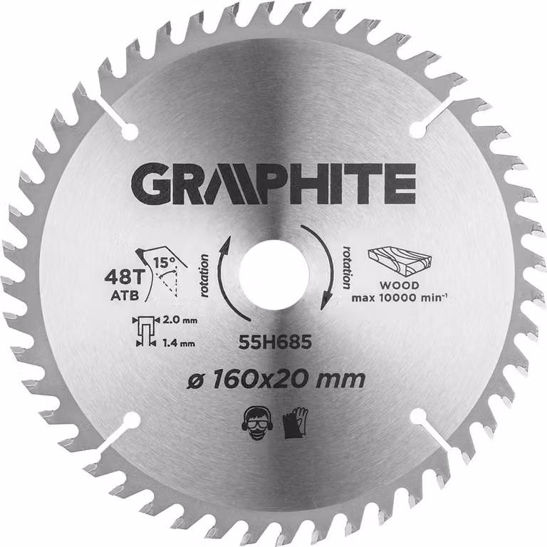 Lama circolare GRAPHITE 160x20 mm, 48 denti.Resistente al Widia, robusta, per il taglio di legno, pannelli truciolari, MDF|anello di riduzione 20mm-> 16 mm