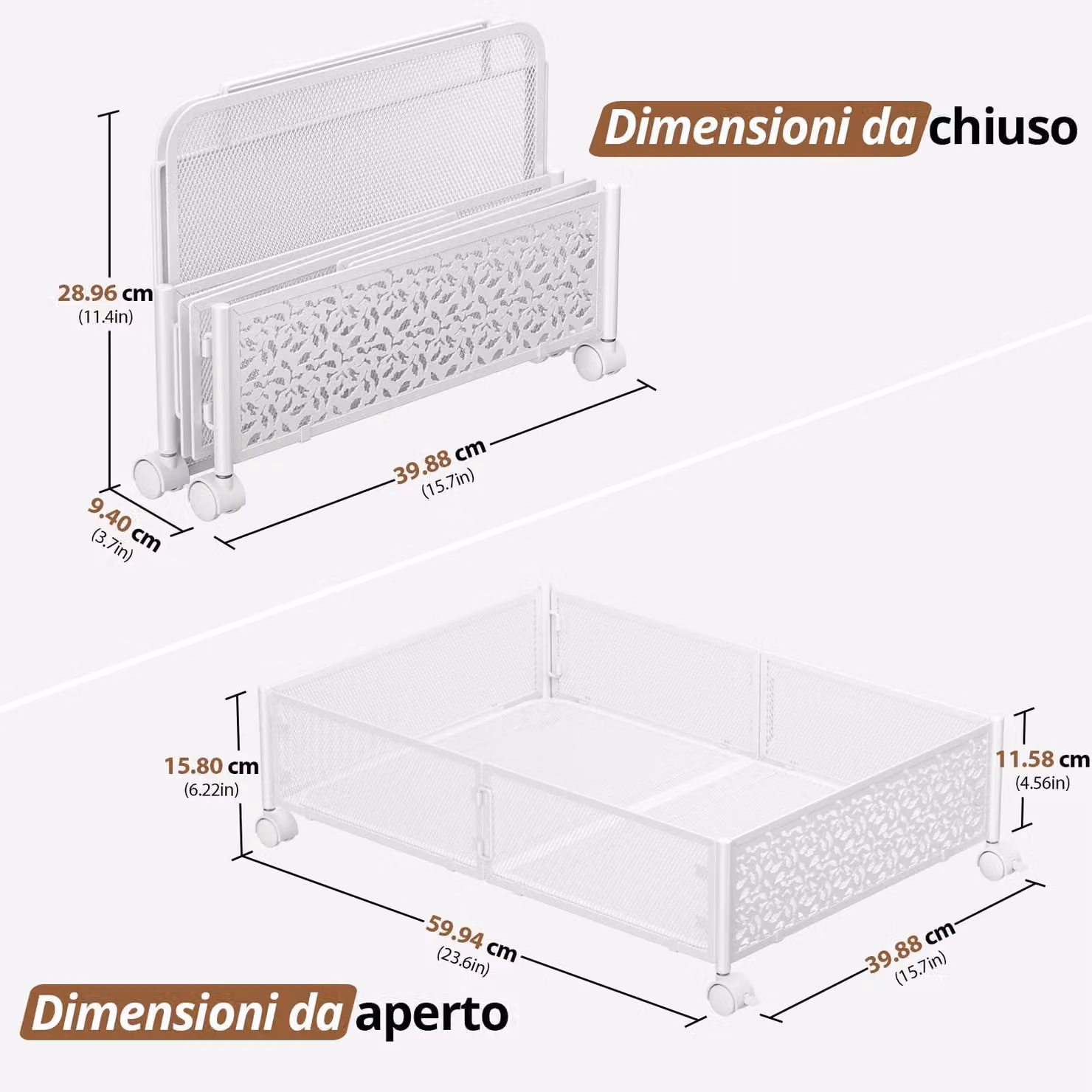 Contenitore in metallo per riporre oggetti sotto il letto, con ruote, dimensioni 59,6 cm, ideale per scarpe e giocattoli