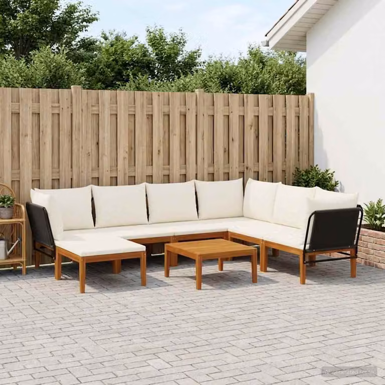Set da giardino vidaXL in legno di acacia con corda e cuscini, composizione ad angolo con divano, tavolino e pouf, colore naturale