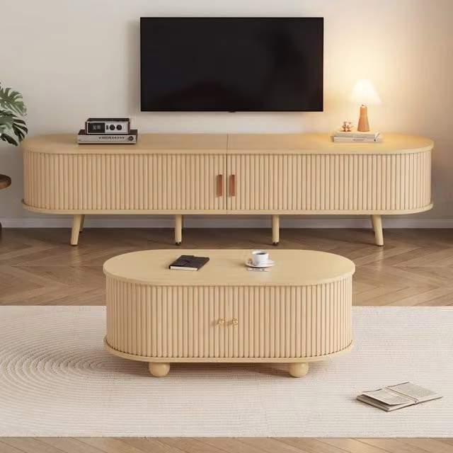 Mobile TV soggiorno con spazio contenitivo e tavolino da caffè, combinazione ovale in colore legno naturale, MDF