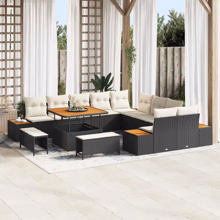Set Divano da Giardino vidaXL 13 Pezzi Moderno a Forma di U con Tavolino e Cuscini Nero