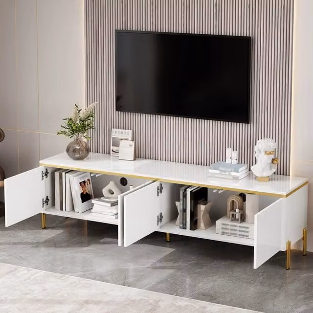 Mobile TV a 4 ante con passacavi, superficie parzialmente lucida bianca, dettagli dorati, per soggiorno, 170 × 38 × 50 cm