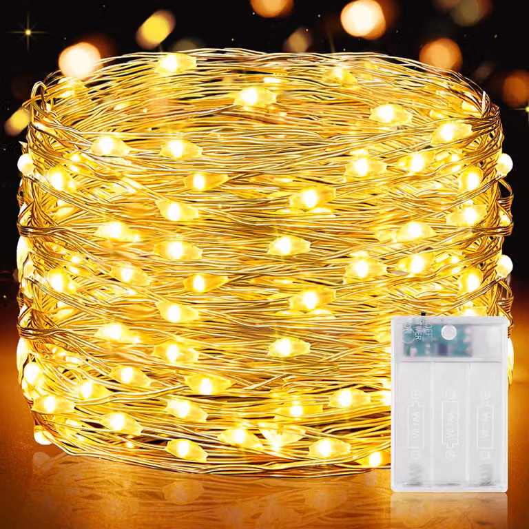 Catena luminosa a LED, 15 metri, 150 LED bianco caldo, alimentazione a batteria, timer, impermeabile